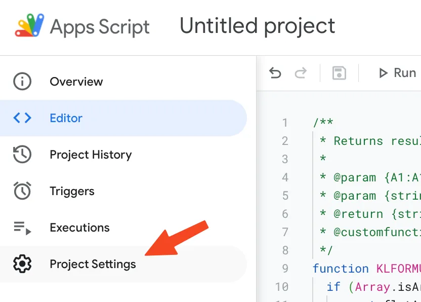 apps script project settings