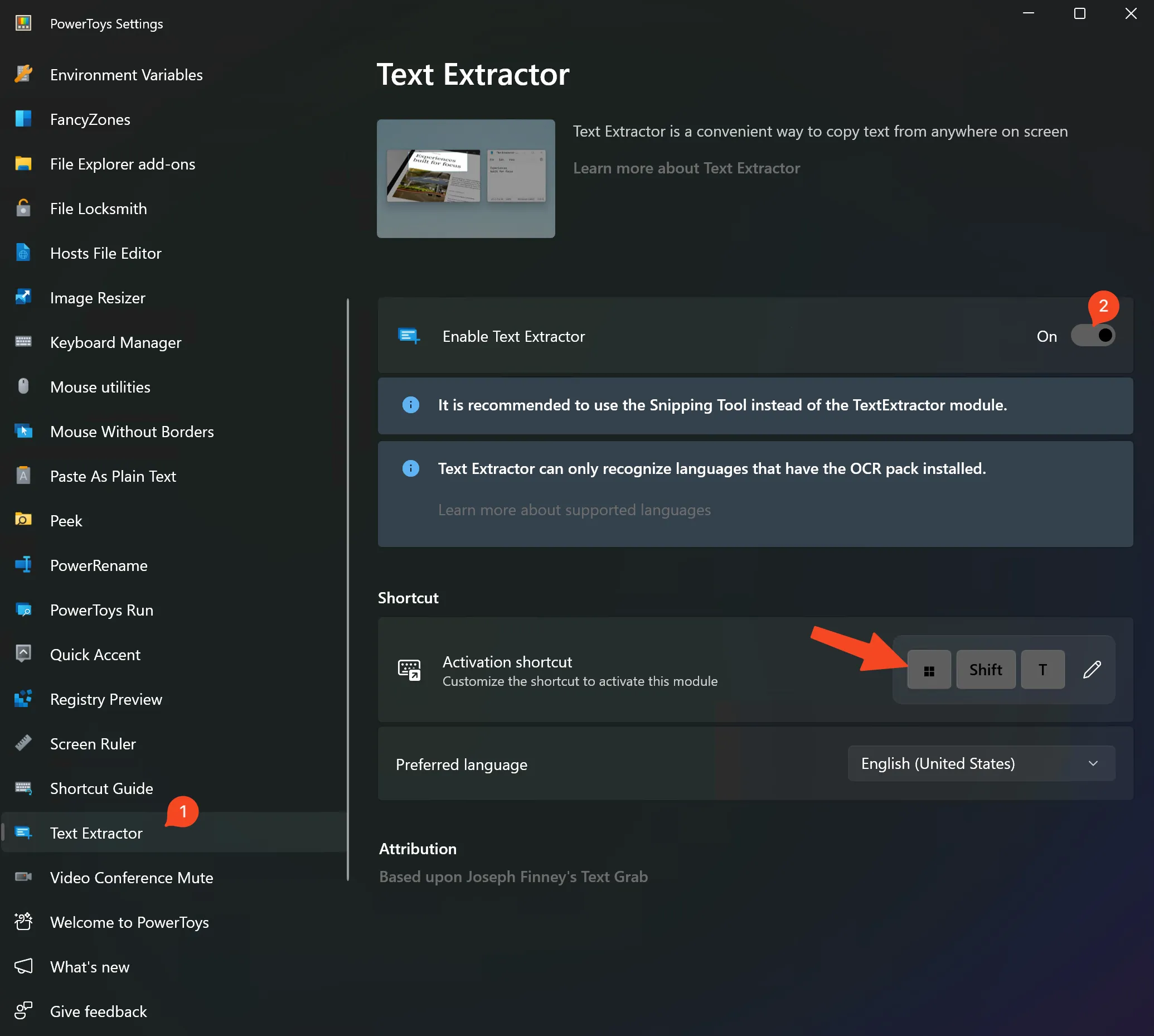powertoys. text extractor. enable
