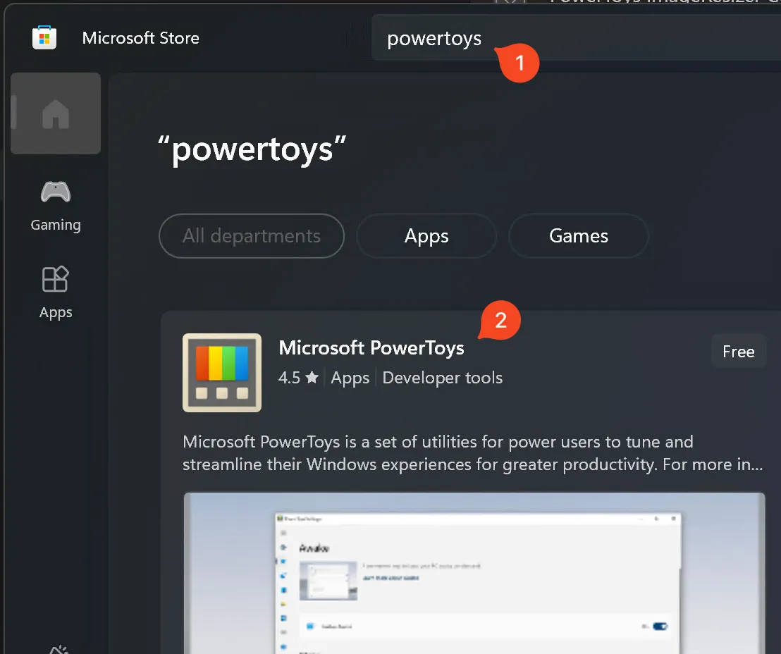 microsoft store. search powertoys