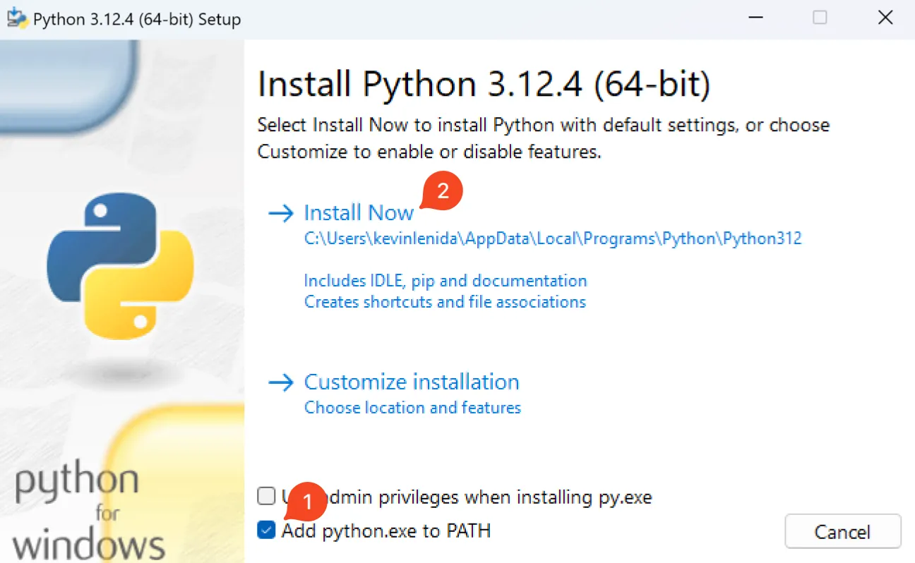 python installation. add to path. install