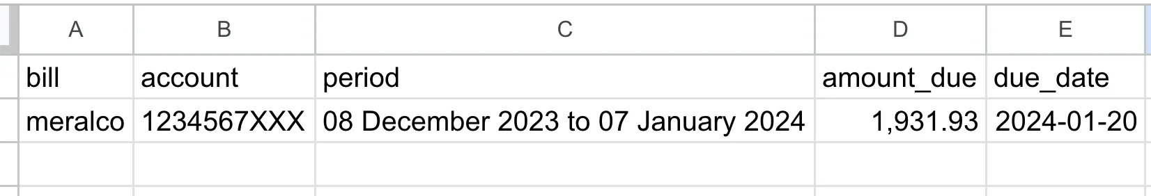 meralco bill details. google sheets