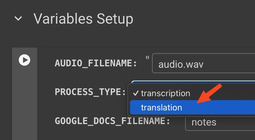 process type dropdown. translation