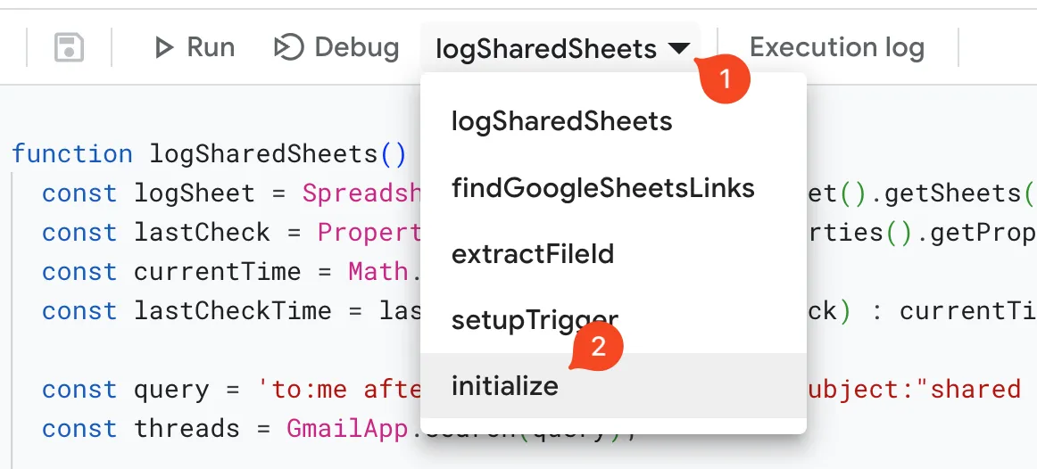 apps script. select initialize function