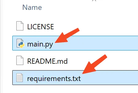 downloaded files. main.py and requirements.txt