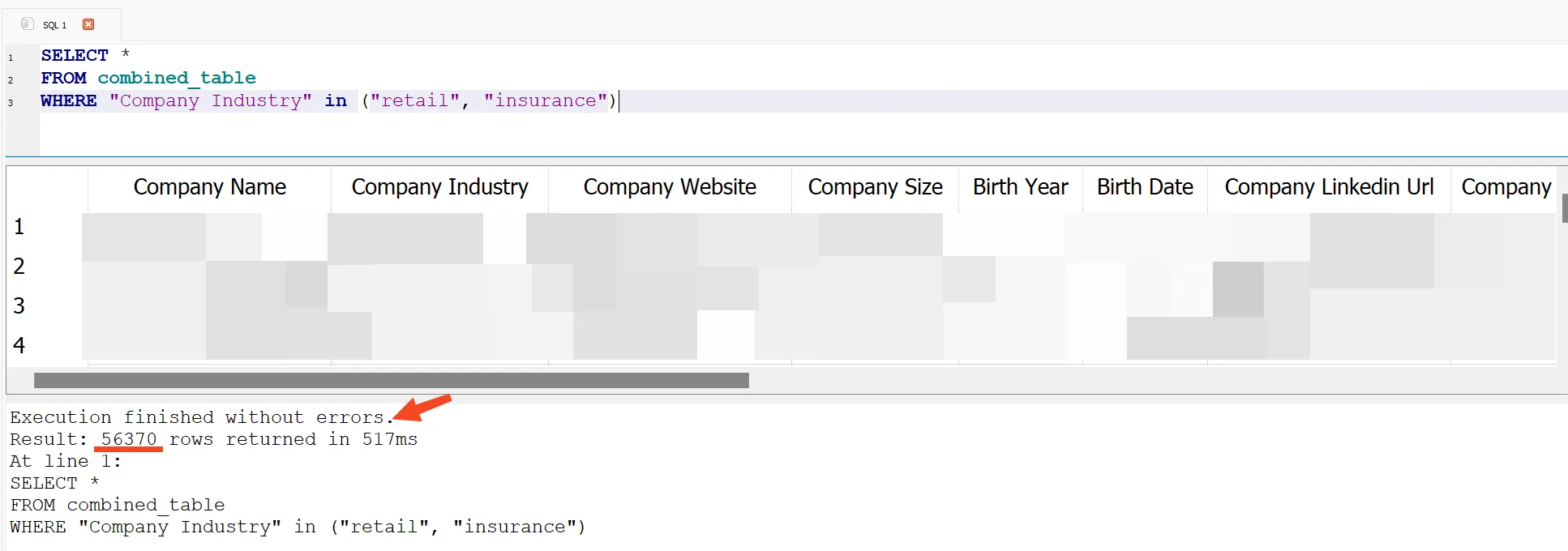 sql query results