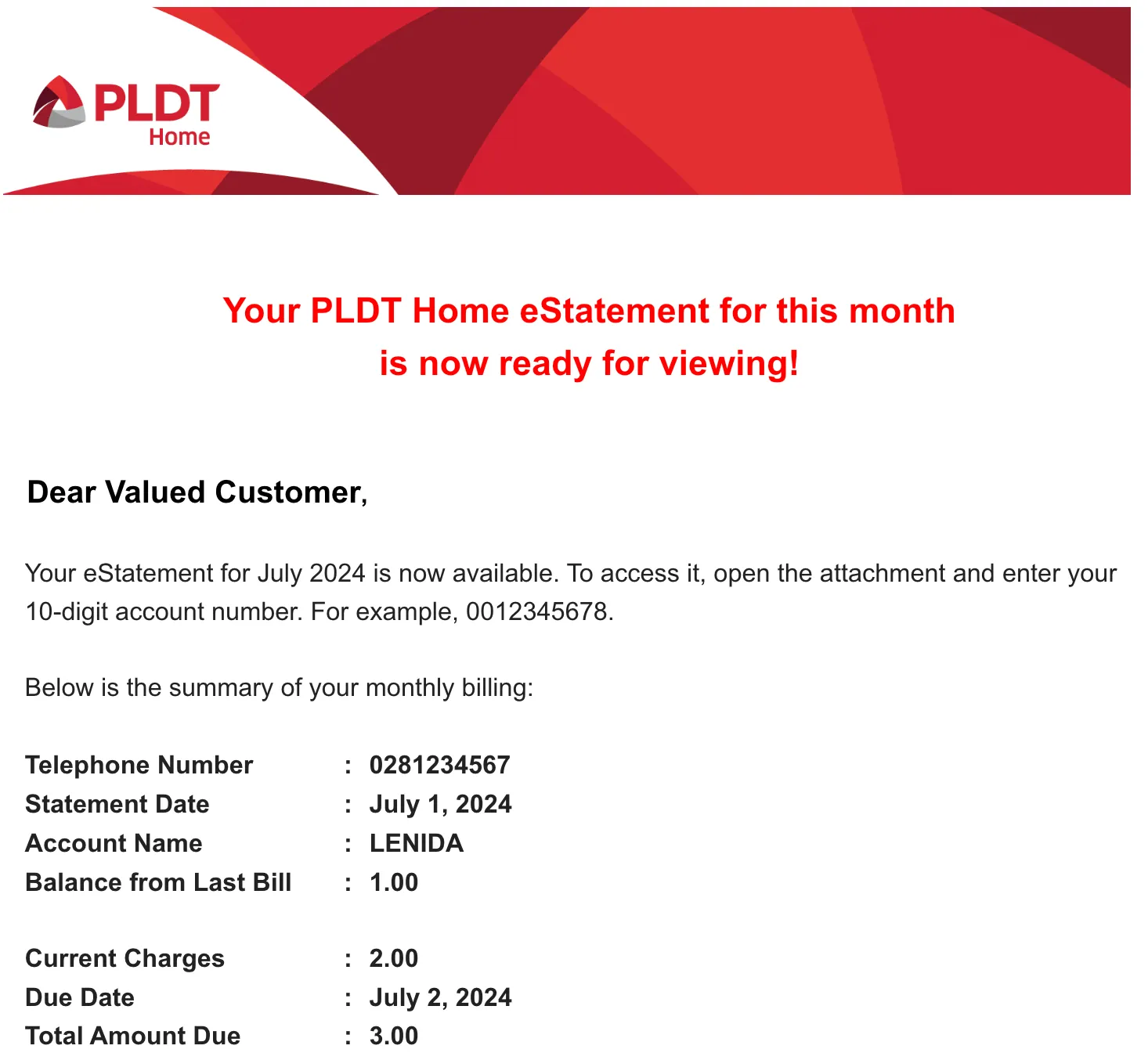 pldt bill email