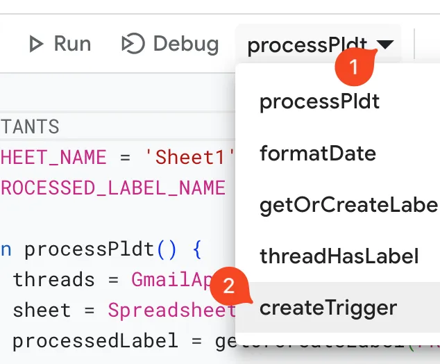 apps script. select createTrigger function